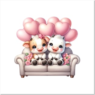 Valentine Cow Couple Sitting Sofa Posters and Art